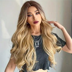 26 Inch Long Ash Blonde Wig With Bangs Natural Wavy Hair - Perfect For Daily Wear And Middle Part Style